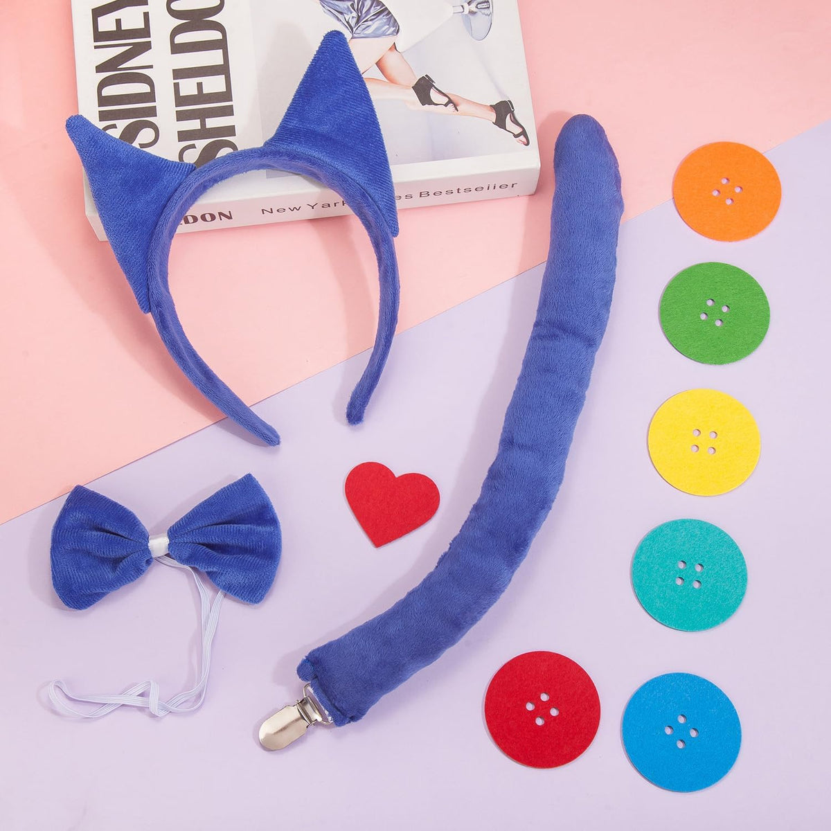Blue Cat Ears Headband and Tail Bowtie with 6 Button Patches & 1 Heart Patch Felt Stickers Halloween Cat Costumes Set Cosplay Party Dress Up Accessories