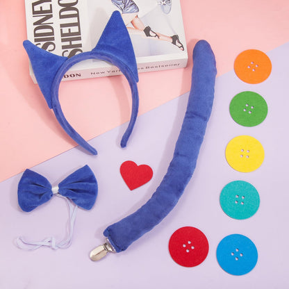 Blue Cat Ears Headband and Tail Bowtie with 6 Button Patches & 1 Heart Patch Felt Stickers Halloween Cat Costumes Set Cosplay Party Dress Up Accessories