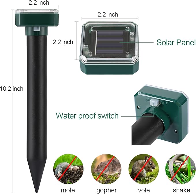 Mole Repellent Solar Powered 4 Pack,Snake Vole Repellent Outdoor, Gopher Repeller Ultrasonic Solar Powered for Lawn Garden Waterproof, Sonic Mole Spikes,Get Rid of Moles Groundhog Chipmunk Repellent