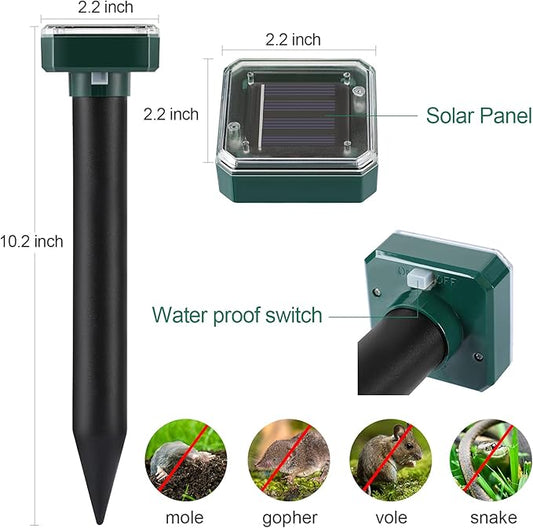 Mole Repellent Solar Powered 4 Pack,Snake Vole Repellent Outdoor, Gopher Repeller Ultrasonic Solar Powered for Lawn Garden Waterproof, Sonic Mole Spikes,Get Rid of Moles Groundhog Chipmunk Repellent