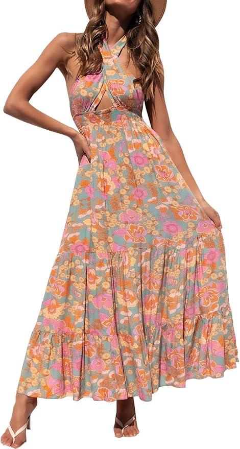 ZESICA Women's 2025 Summer Crossover Halter Neck Sleeveless Plaid Cut Out Backless Flowy A Line Maxi Dress
