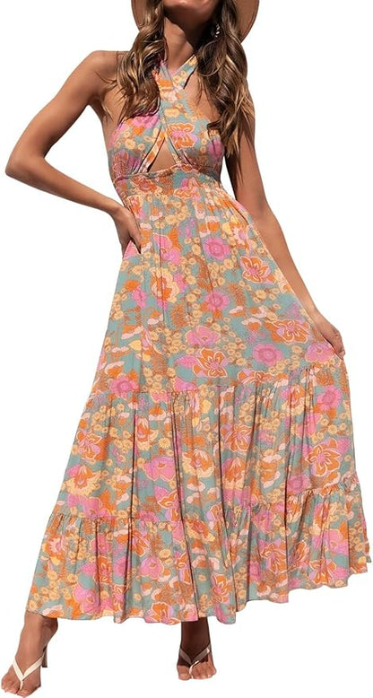 ZESICA Women's 2025 Summer Crossover Halter Neck Sleeveless Plaid Cut Out Backless Flowy A Line Maxi Dress