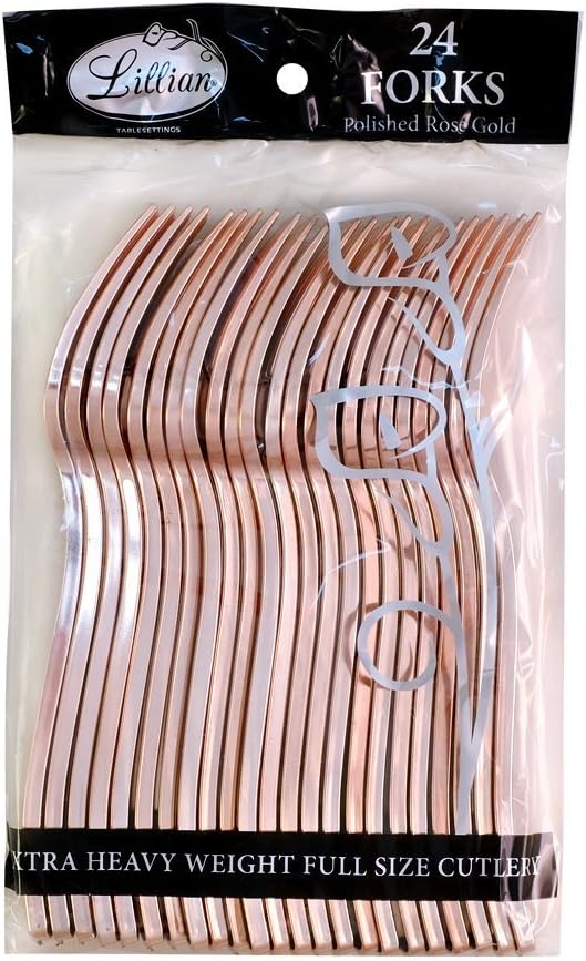 Plastic Cutlery Silverware Extra Heavyweight Disposable Flatware, Full Size Plastic Forks, Like Rose Gold, 24 Pack