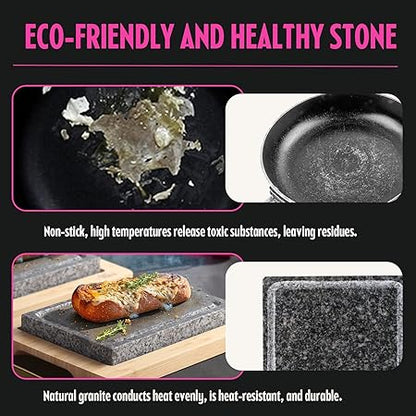 Artestia Cooking Stone for Steak with Double Granite Stones, Sizzling Steak Stone Cooking Set for BBQHibachiSteak Grill (2PCS Granite Stones  1PC Bamboo Tray)