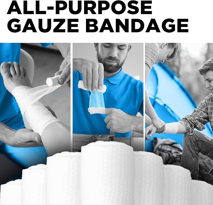 Gauze Rolls - 24 Pack - 4" x 4.1yd Breathable Rolled Gauze - Individually Wrapped with Bonus Tape - First Aid Conforming Stretch Wrap for Wounds