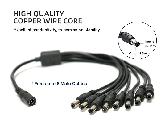 8 Way DC Power Supply Splitter for Security Cameras 1 Female to 8 Male 5.5  2.1mm 8 Channel Y Adaptor for CCTV Surveillance Cameras (1)