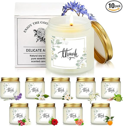 Coume 10 Pcs Employee Appreciation Gift for Teacher Soy Wax Scented Glass Jar Candles 3.5 oz Thank You Gift for Baby Shower Women Wedding Bridal Shower, 10 Fragrance(Fresh Scent)