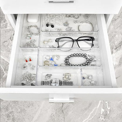 Drawer Organizers Set of 15, 4 Sizes Clear Plastic Drawer Organizers and Storage Bins for Kitchen, Bathroom, Office, Dresser Desk Drawer Organizer Tray for Jewelry, Makeup, Junk, Gadgets