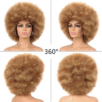 GT Wig 70s Afro Wig Short Kinky Curly Colored Wigs for Women Glueless Wear and Go Wig Mixed Blonde Afro Wig Large Bouncy and Soft Natural Looking Heat Resistant Synthetic Hair Wigs