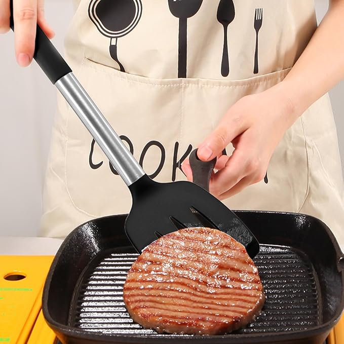 2Pcs Silicone Spatula Slotted Cooking Spatula Food Grade Heat Resistant Dishwasher Safe Frying Fish Eggs Non-stick Pot Cooking Turner Cookware Utensils Kitchen Supplies Black