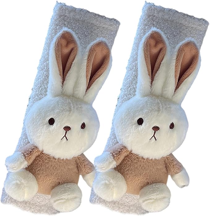 2Pcs Seat Belt Cover Pad for Kids Soft & Comfortable Cute Cartoon Bunny Seat Belt Cover Pad Winter Plush Fluffy Seatbelt Covers for Baby Pushchair