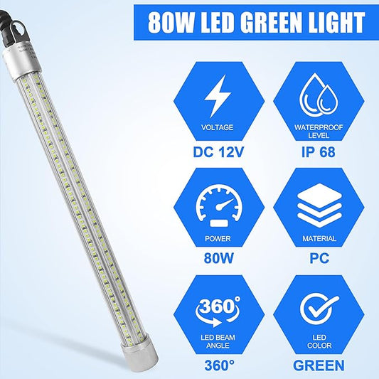 SILANON Underwater Fishing Light Super Bright 40000 Lumens 12V 80W LED Submersible Fishing Light Green Night Fish Attracting Light Waterproof Bait Finder Attractants Boat Lamp for Snook Crappie