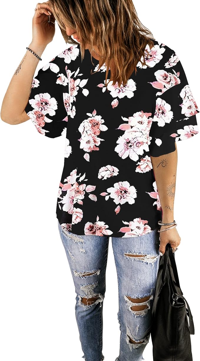 Luvamia Women's Casual 3/4 Tiered Bell Sleeve Crewneck Loose Tops Blouses Shirt