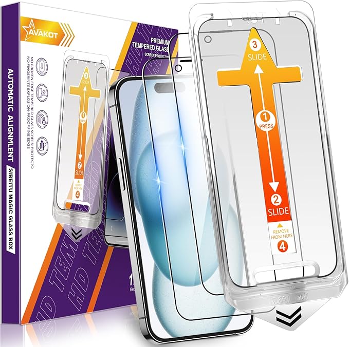avakot-1 Pack Screen Protector for iPhone 15 Plus 6.7 inch, Tempered Glass Film for iPhone 15 Plus, HD Clear Full Coverage Edge with Easy Install Tray Kit, Bubble Free, Case Friendly