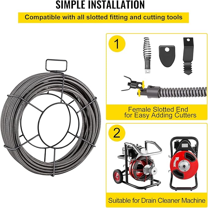 VEVOR 100 ft x 12 inch Solid Core Sewer Snake Clog Pipe Drain Cleaning Cable WFour Shapes of Cutters, Black
