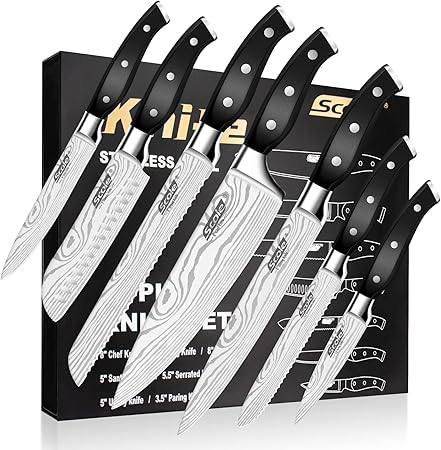 SCOLE Chef Knife Ultra Sharp Kitchen Knife Set 7-Piece, Premium German 1.4116 Stainless Steel Chefs Knife Set, Ergonomic Handle Professional Knives Set for Kitchen with Gift Box
