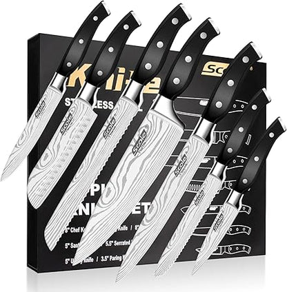 SCOLE Chef Knife Ultra Sharp Kitchen Knife Set 7-Piece, Premium German 1.4116 Stainless Steel Chefs Knife Set, Ergonomic Handle Professional Knives Set for Kitchen with Gift Box