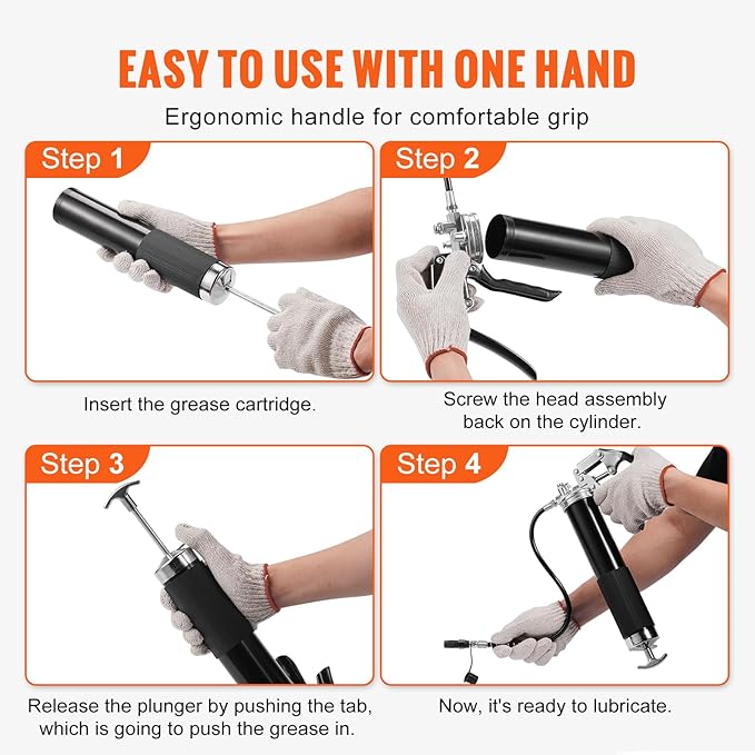 VEVOR Grease Gun, 6000 PSI Heavy Duty Pistol Grip Grease Gun, Grease Gun Kit with 14 oz Load, 17.72 Inch Flexible Hose, 1 Flat Couplers, 1 Pointed Coupler, and 1 Bent Metal Pipe