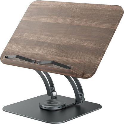 Tounee Book Stand for Reading, Adjustable Book Holder with 360 Swivel Base, Foldable Cookbook Stand Recipe Book Holder with Elastic Page Clips for Music Scores, Recipe, Tablet, Laptop-Gray