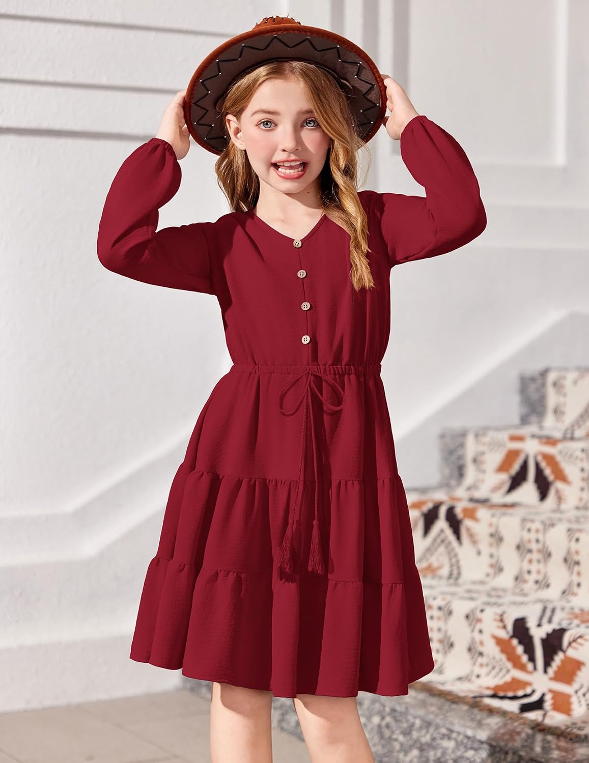 Arshiner Tween Girls Dresses Fall Long Sleeve V Neck Waist Tie Ruffle Tiered Swing Skater Dress