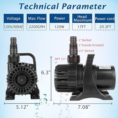 (2200GPH-120W,UL listed) PS- High Flow Submersible Water Pump - Pond Pump - Submersible Pump - Water Fountain Pump - Aquarium Pump,PS-2200