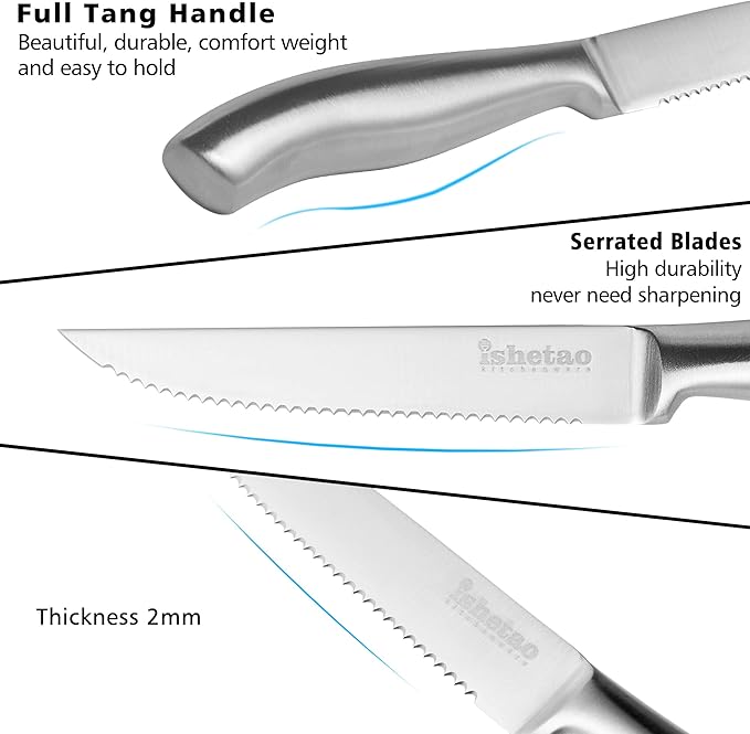 Steak Knife Set of 6, 4.5 inches Dishwasher Safe High Carbon Stainless Steel Knives, Silver