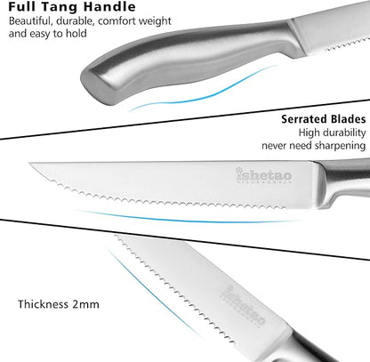 Steak Knife Set of 6, 4.5 inches Dishwasher Safe High Carbon Stainless Steel Knives, Silver