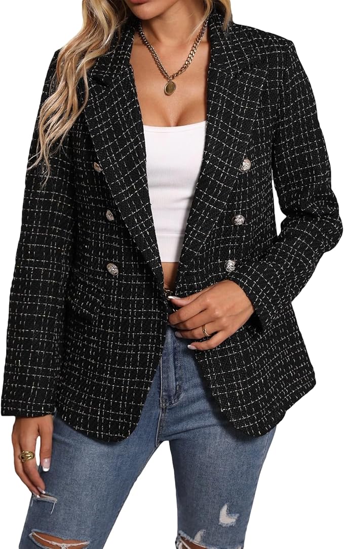 2025Fall Winter Women's Tweed Blazer Jacket-Plaid Fully Lined Fashion Business Casual Lapel Elegant Coat Pockets Amazon's Choice