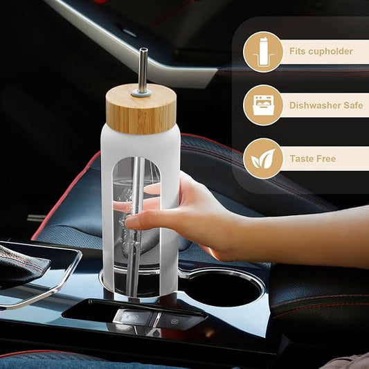 32 oz Glass Water Bottles - 1 Liter Motivational Tumbler Water Bottle Time Marker - Borosilicate Glass Water Bottle With Silicone Sleeve and 2 Lids, Handle Spout  Bamboo Straw Lid