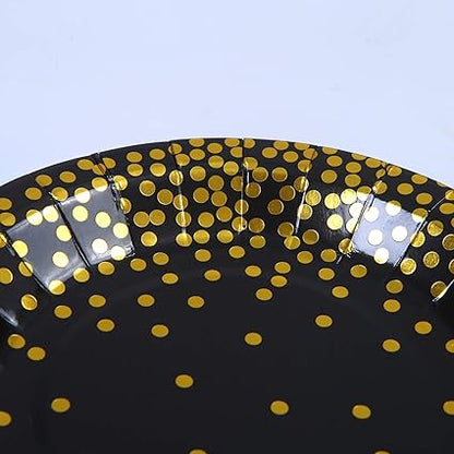 Aneco 60 Pieces 7 Inches Black Bronzing Disposable Paper Plates Dinnerware Plates Gold Foil Polka Dot Plates for Party Graduation Wedding Anniversary Birthday