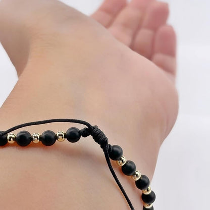 St Benedict Coin and Natural Round Black Onix Beads Adjustable Bracelet for Women (Black Onix)