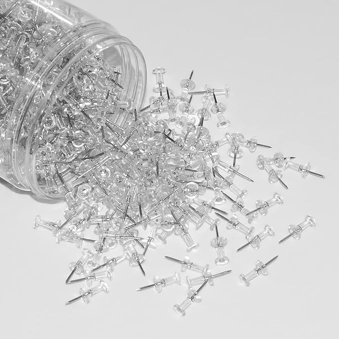 JIKIOU Push Pins Tacks 800 Count in Reusable Box, Standard Clear Thumb Tacks Steel Point and Clear Plastic Head for Wall Corkboard Map Calendar Photo Home Office Craft Projects Plastic Head Steel Pin