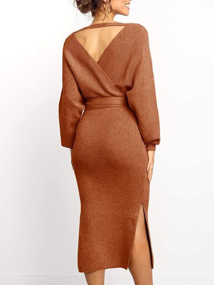 Chang Yun Women's Long Maxi Sweater Dresses Sexy Wrap Batwing V Neck Slit Open Back Holiday Bodycon Dress with Belt