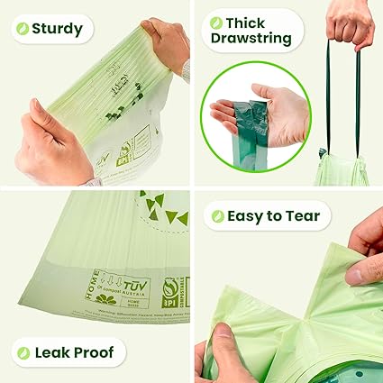 FMP Brands 800 Count 4 Gallon 100 Compostable Trash Bags with Drawstring, Extra Thick 0.8 Mil, Leak-Proof Small Kitchen Garbage Bag, Waste Basket Liners, ASTM D6400, US BPI, OK Compost Certified