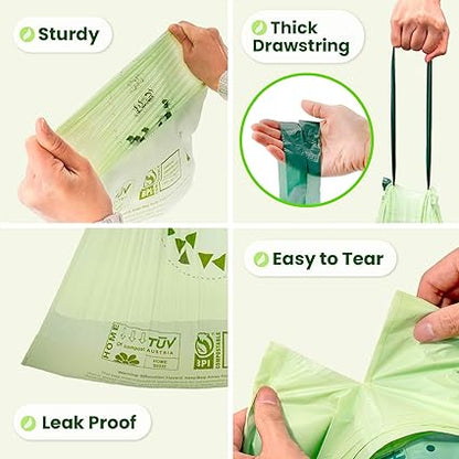 FMP Brands 800 Count 4 Gallon 100 Compostable Trash Bags with Drawstring, Extra Thick 0.8 Mil, Leak-Proof Small Kitchen Garbage Bag, Waste Basket Liners, ASTM D6400, US BPI, OK Compost Certified