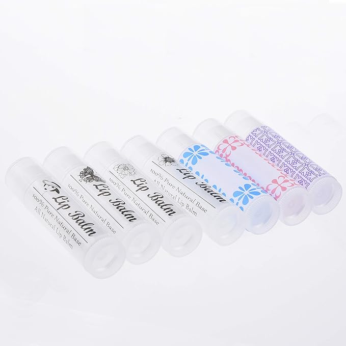 Lip Balm Container Tubes - 50-Pack - DIY - Transparent- 316 Oz (5.5 ml) - Including 50 Writeable  50 Printed Lip Balm Stickers - Twist Mechanism and a Cap - Empty