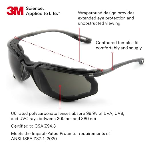 3M Safety Glasses 11873-00000-20, Virtua CCS, ANSI Z87, Anti-Fog, Gray Lens, Black Frame, Corded Ear Plug Control System, Removable Foam Gasket