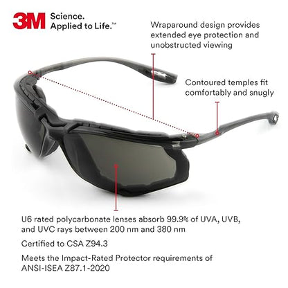 3M Safety Glasses 11873-00000-20, Virtua CCS, ANSI Z87, Anti-Fog, Gray Lens, Black Frame, Corded Ear Plug Control System, Removable Foam Gasket