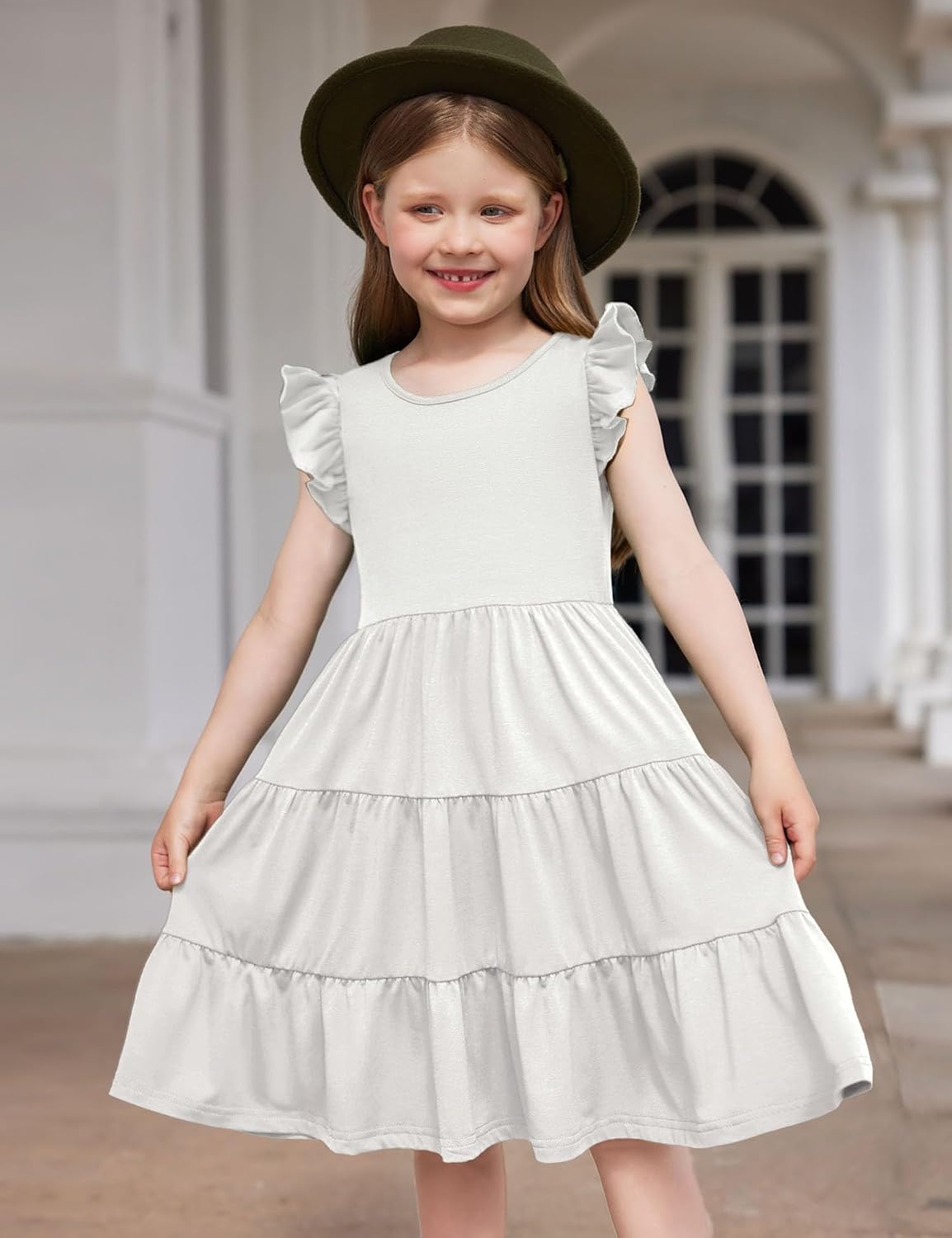 Toddler Dress Girls Summer Ruffle Sleeve Tiered Swing Midi Casual Sundress with Pockets