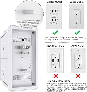 Multi Plug Outlet Surge Protector - POWRUI 6 Outlet Extender with 3 USB Ports (1 USB C) and Night Light, 3-Sided Power Strip with Adapter Spaced Outlets - White, ETL Listed