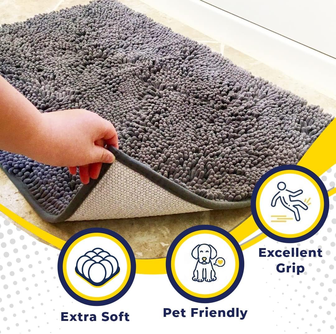 Muddy Mat® | Super Water Absorbent Door Mat Indoor, Microfiber Quick Dry Chenille Entryway Rug, Slip Resistant Front Door Mat, Indoor Mats for Entryway, Machine Washable Pet Rug, Grey 28"x18"