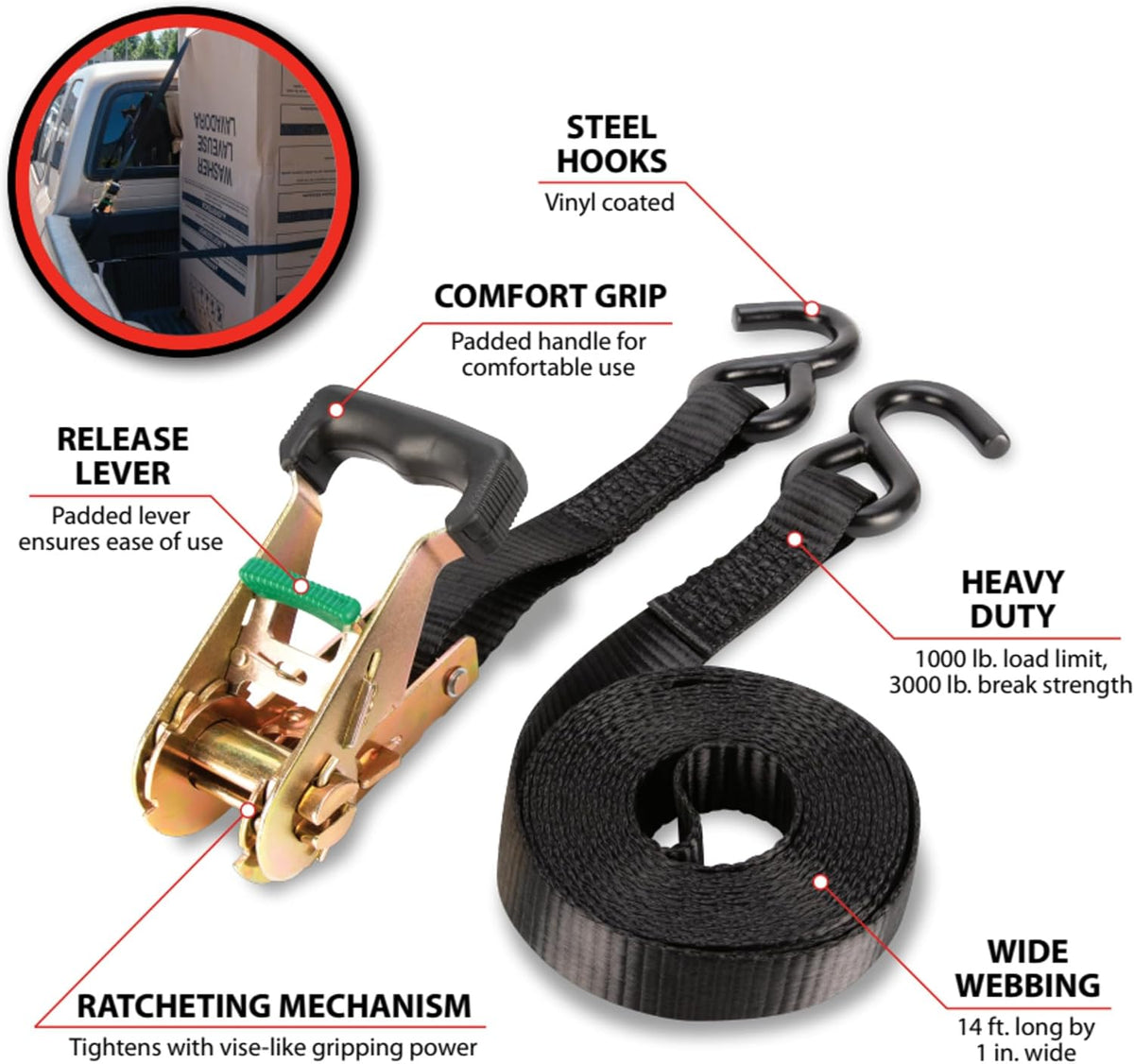 Performance Tool W1856 1-in X 14-ft Ratcheting Tie Down Strap: 1000 lb Load Limit, 3000 lb Break Strength, Strong Poly Webbing, Padded Comfort Ratchet Handle, Vinyl Hooks, Heavy Duty, Black