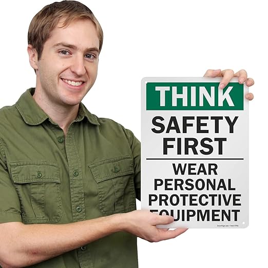 SmartSign - S-2917-AL-14 "Think Safety First - Wear Personal Protective Equipment" Sign  10" x 14" Aluminum 10" x 14" Non-Reflective Aluminum