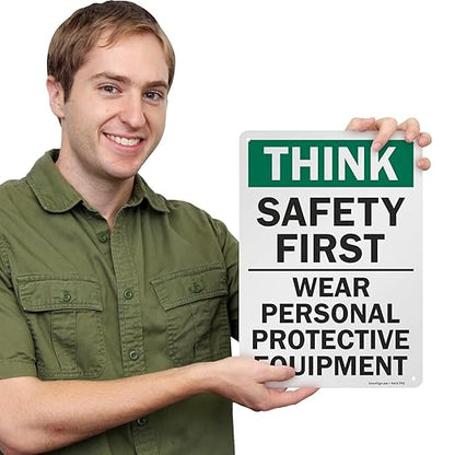 SmartSign - S-2917-AL-14 "Think Safety First - Wear Personal Protective Equipment" Sign  10" x 14" Aluminum 10" x 14" Non-Reflective Aluminum