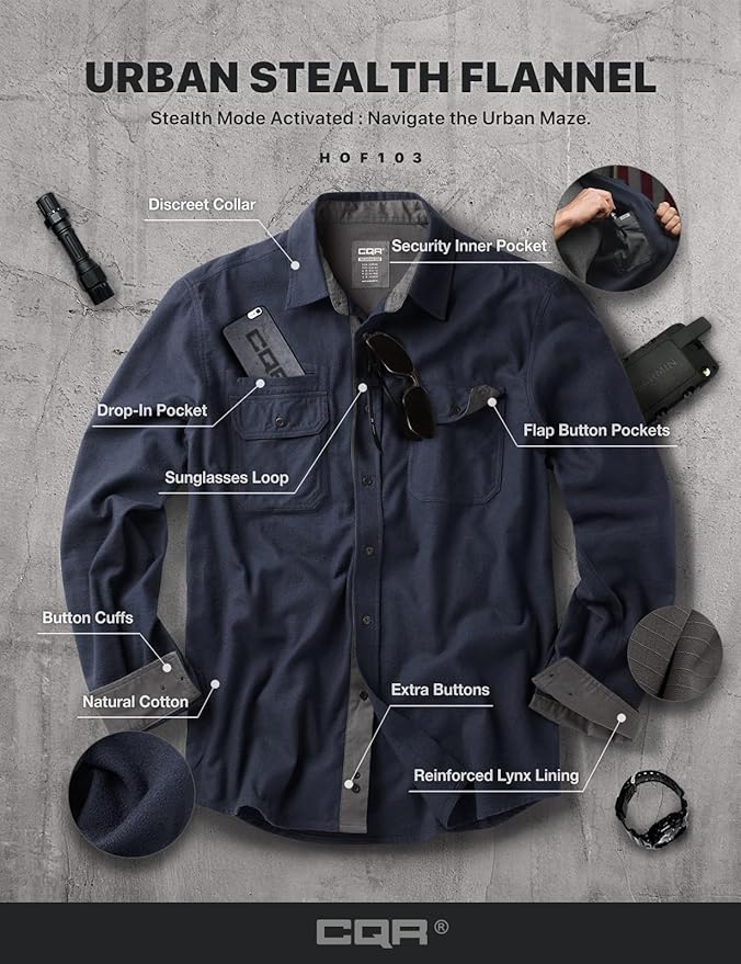 CQR Men's All Cotton Flannel Shirt, Long Sleeve Casual Button Down Plaid Shirt, Brushed Soft Outdoor Tactical Work Shirts