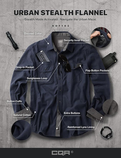 CQR Men's All Cotton Flannel Shirt, Long Sleeve Casual Button Down Plaid Shirt, Brushed Soft Outdoor Tactical Work Shirts