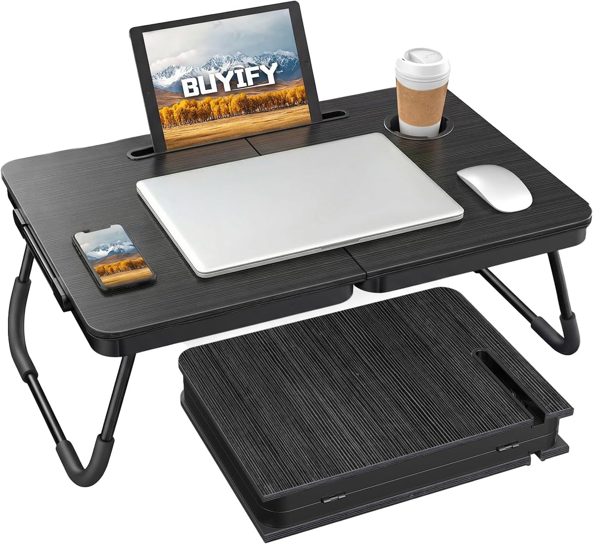 23.4" Foldable Lap Desk Bed Table with Cup Holder Tray Black Portable Folds Flat for Easy Storage, No Assembly Laptop Bed Desk, Sturdy and Lightweight, Patent Design ( 4 sports were scratched ) )