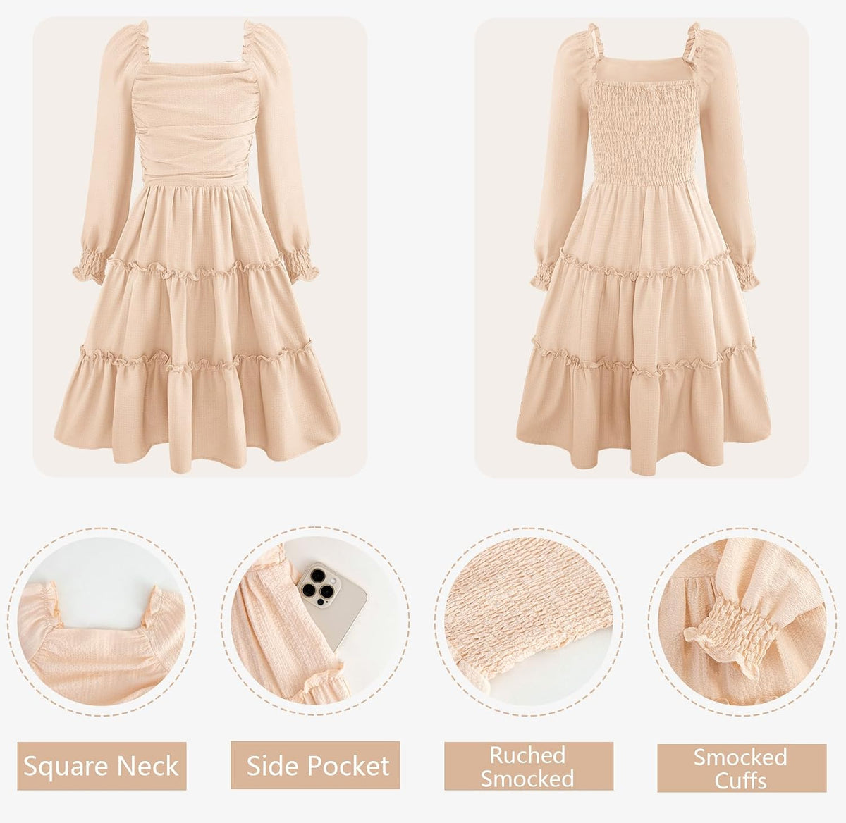 Girls Long Sleeve Dress Ruched Smocked Tiered Ruffle A-Line Casual Boho Teen Dresses with Pocket Size 6-16 Years