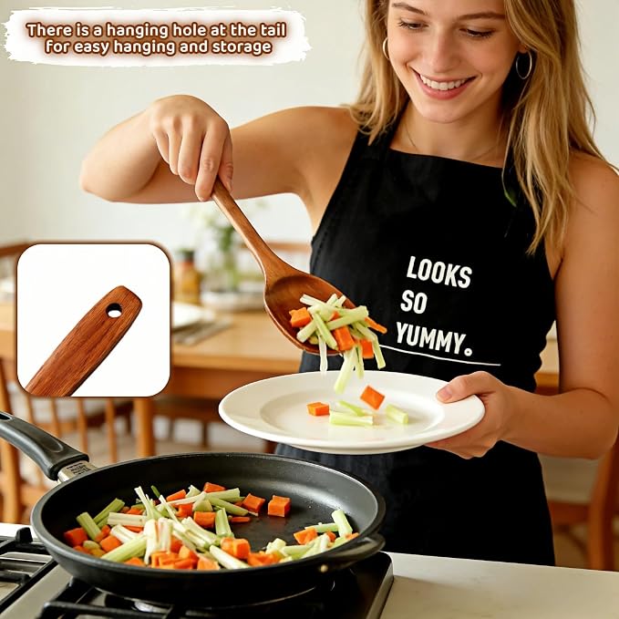 Natural Cork Wood Cooking Spatula, Long Handle Kitchen Turner, 13 Inch Wooden Spatula with Lacquer Technology, Non-Stick Pan Safe, Kitchen Utensil for Cooking, Camping