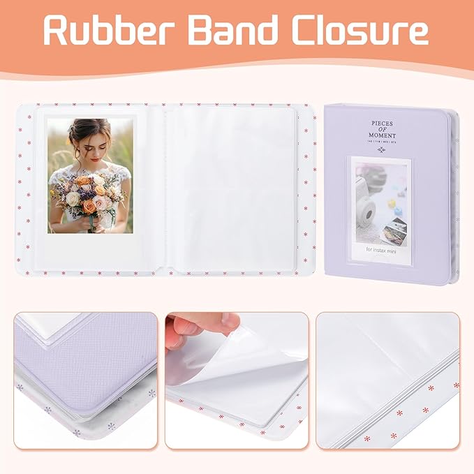 uxcell 64 Pockets Photos Album, Leather Cover 2 x 3 Small Photo Album with Front Window Instant Film Photo Album Book for Instant Camera Film, (Light Purple)
